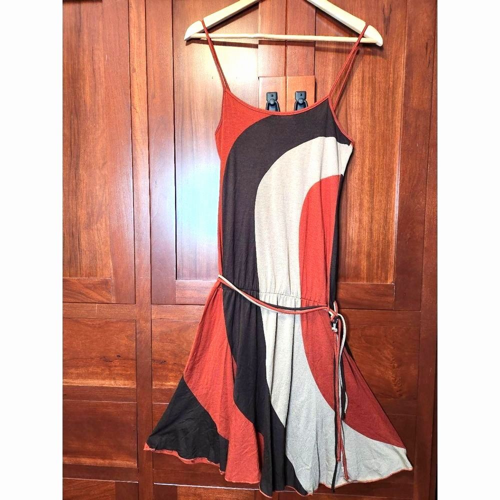 Twenty one Brown Orange & White Spaghetti Strap Dress Tied Waist Size Large